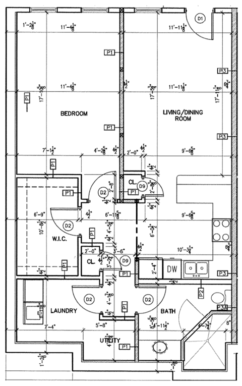 A floor plan of a house with labeled rooms such as Bedroom, Living/Dining Room, Bath, and Laundry.